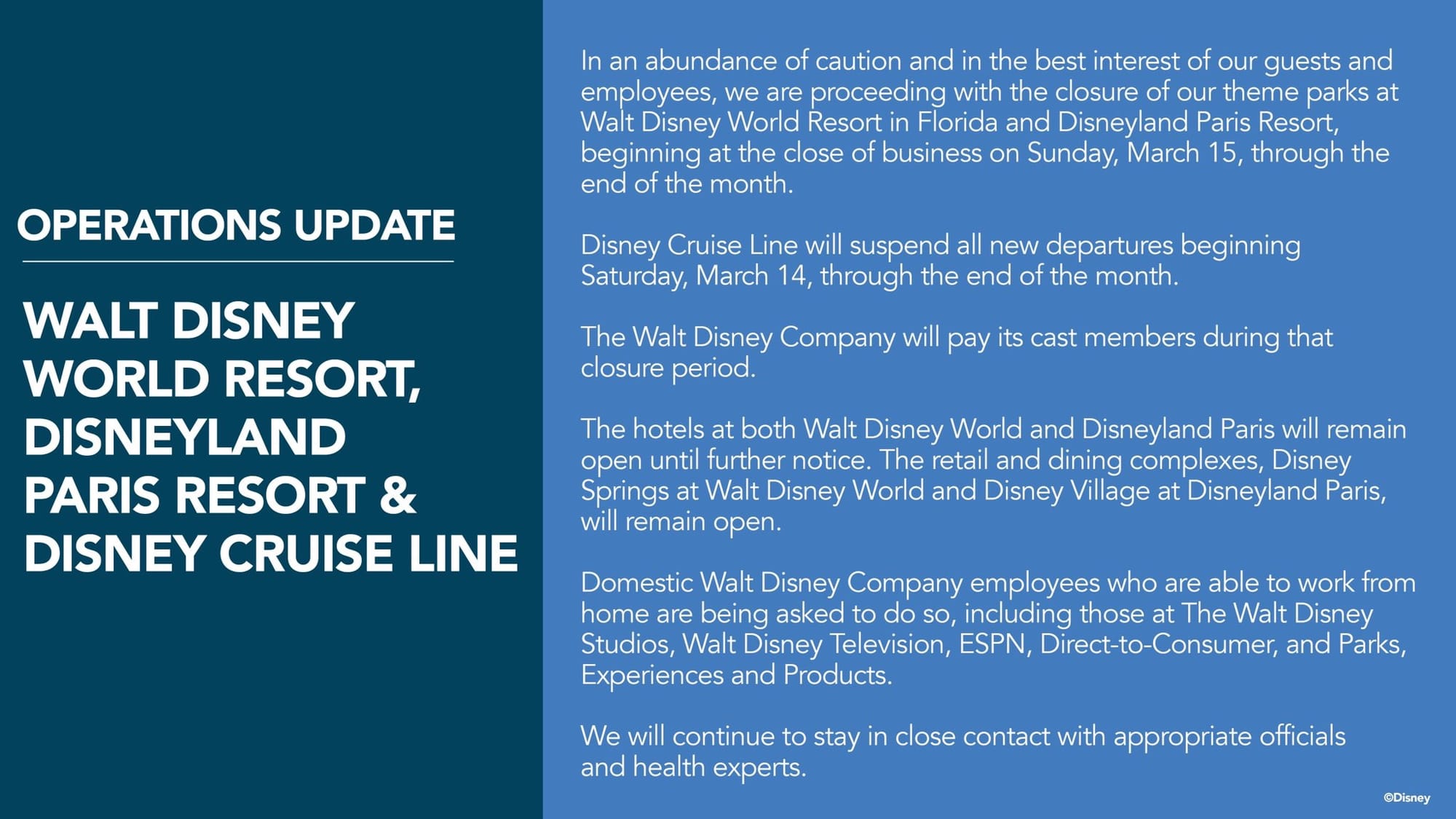 Walt Disney World, Disneyland Paris, and Disney Cruise Line to Close Due to COVID-19