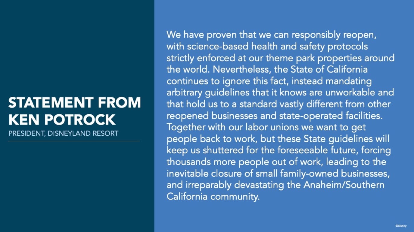 Disneyland Releases Statement on California Theme Park Reopening Guidelines